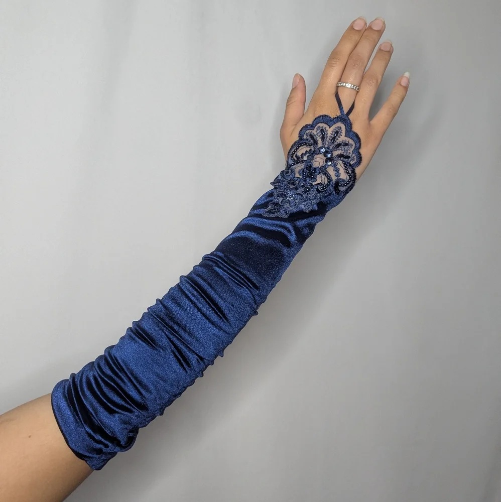 New Womens Navy Blue Satin Beaded Embroidered Fingerless Gloves One Size